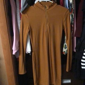 Rust mini dress with high neck zipper
